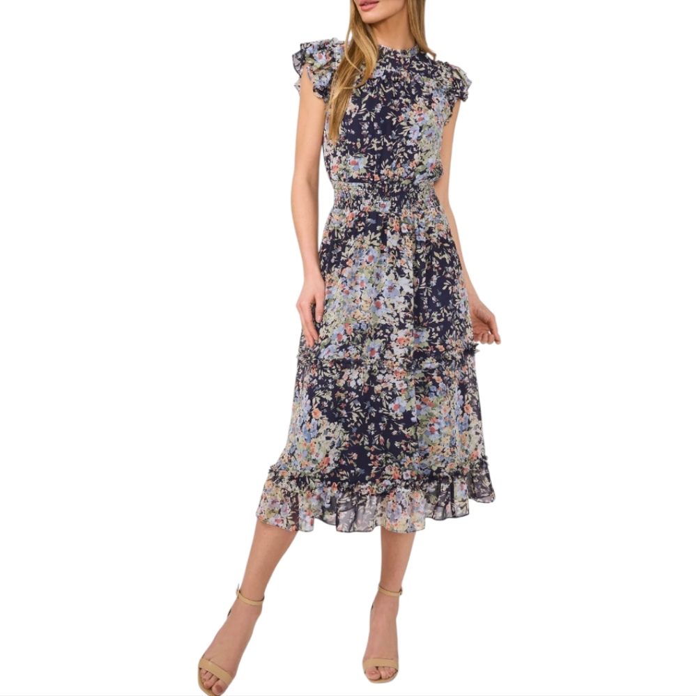CeCe Navy Floral Ruffle Midi Dress Women's Size Large